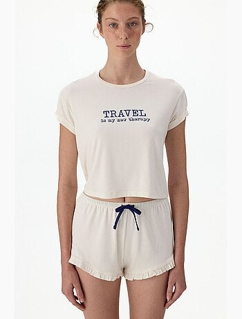 Conjunto de pijama curto com estampa travel slogan, babados e manga curta penti