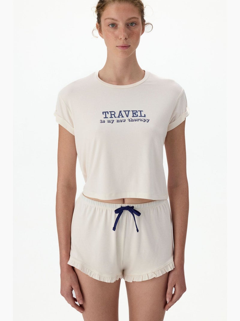 Conjunto de pijama curto com estampa travel slogan, babados e manga curta penti Branco sujo - Kiabi