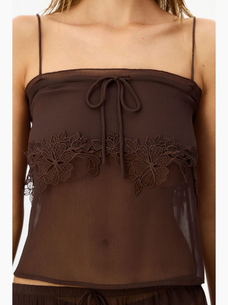 Conjunto de pijama curto em chiffon e renda jasmin penti Castanho-chocolate - Kiabi