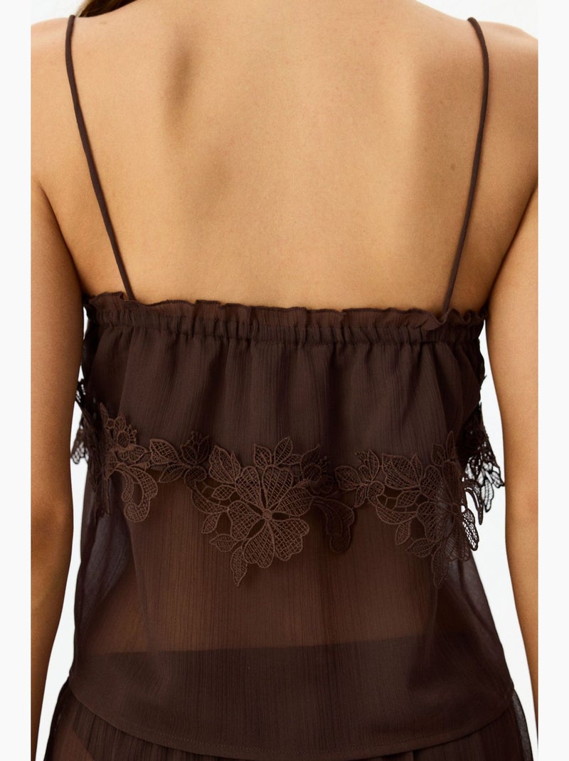 Conjunto de pijama curto em chiffon e renda jasmin penti Castanho-chocolate - Kiabi