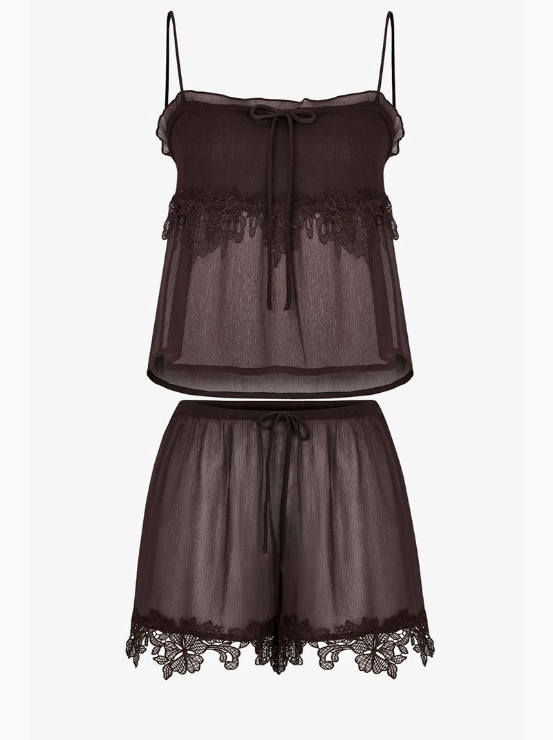Conjunto de pijama curto em chiffon e renda jasmin penti Castanho-chocolate - Kiabi