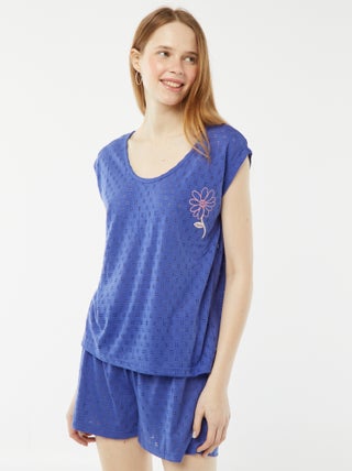 Conjunto de pijama curto em malha pointelle calções + t-shirt - 2 peças