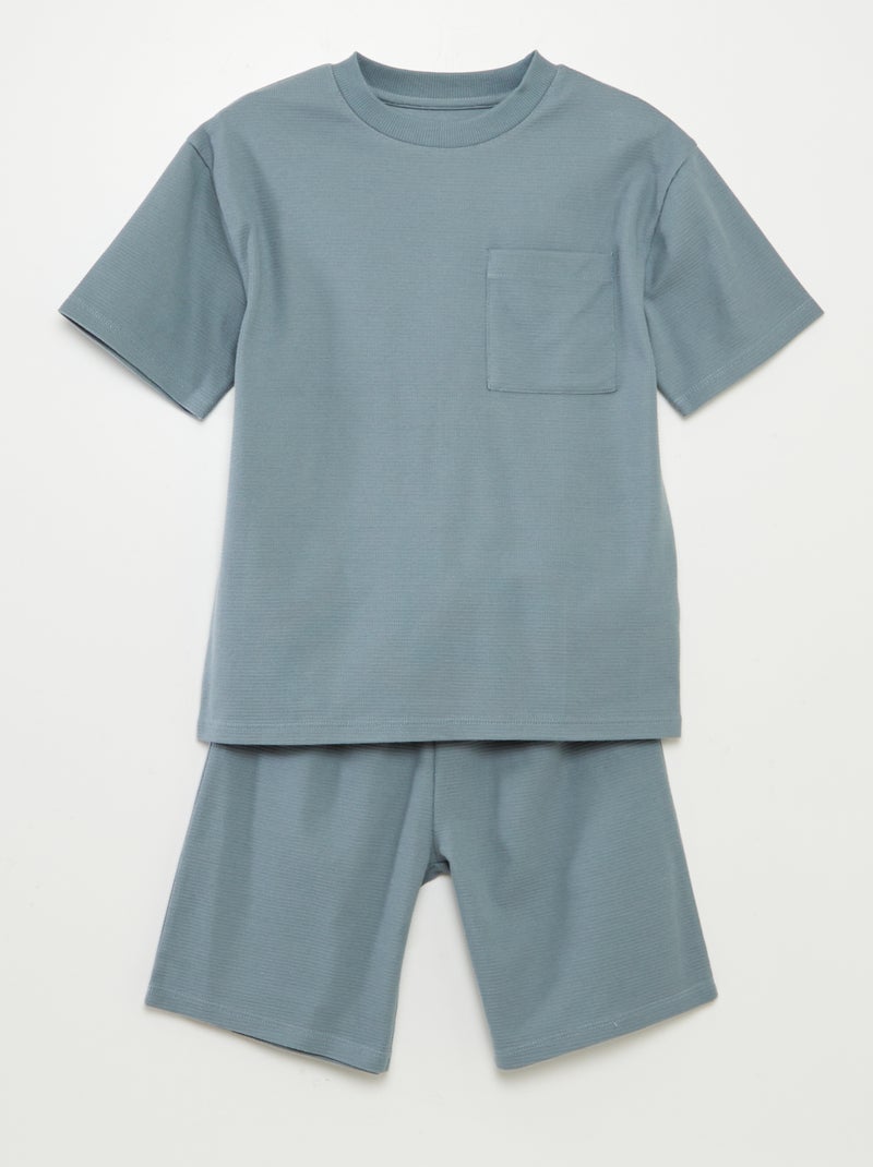 Conjunto de pijama curto em material gofrado - 2 peças AZUL - Kiabi