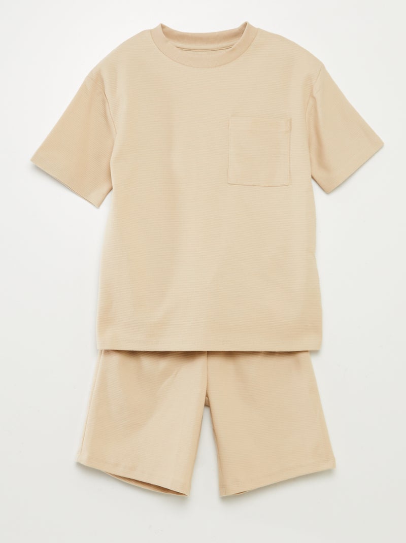 Conjunto de pijama curto em material gofrado - 2 peças BEGE - Kiabi