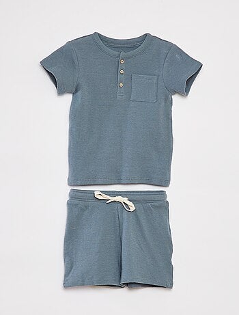 Conjunto de pijama curto t-shirt + calções de malha gofrada - 2 peças