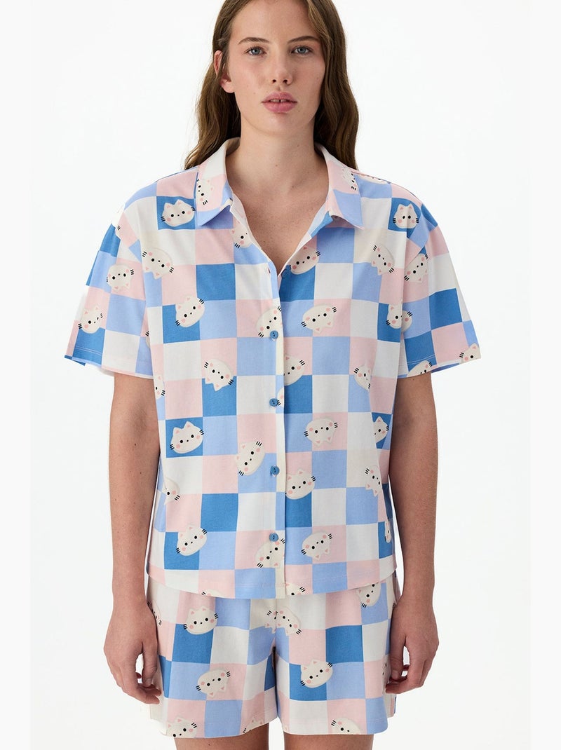 Conjunto de pijama cuteness xadrez com camisa de manga curta e calção penti Azul Rosa Branco - Kiabi