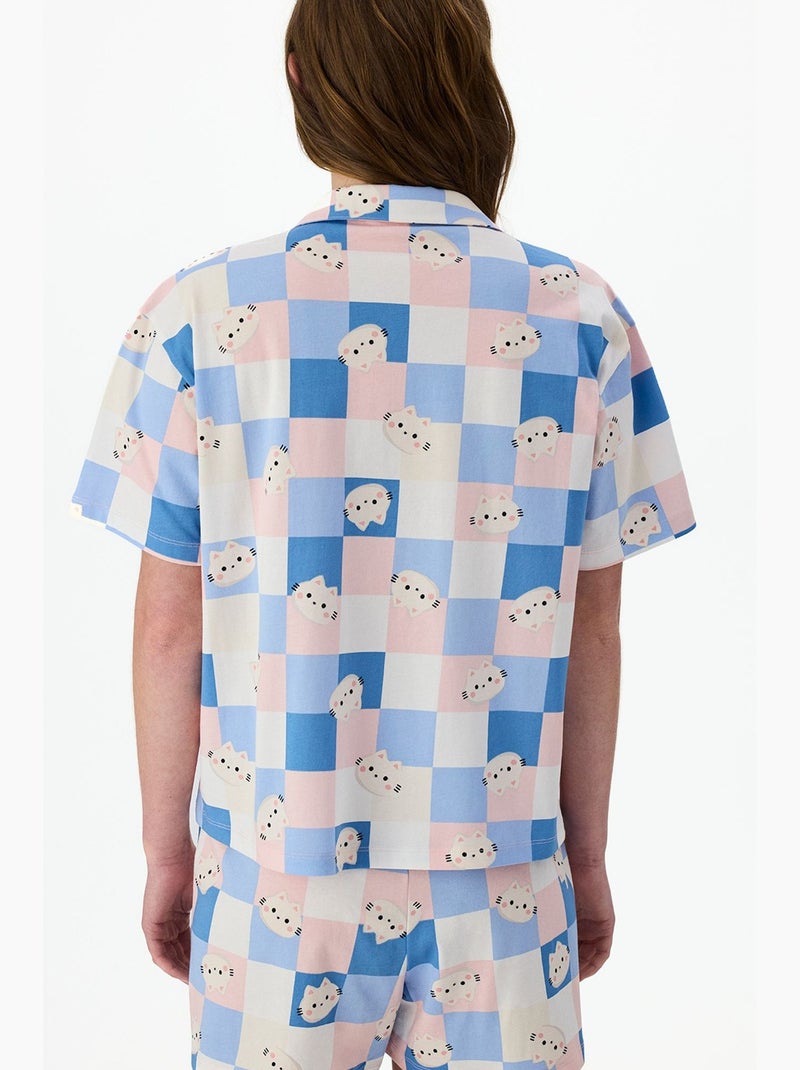 Conjunto de pijama cuteness xadrez com camisa de manga curta e calção penti Azul Rosa Branco - Kiabi