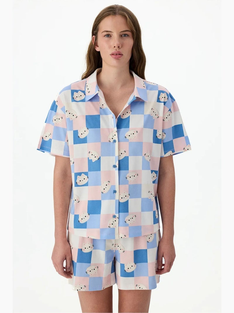 Conjunto de pijama cuteness xadrez com camisa de manga curta e calção penti Azul Rosa Branco - Kiabi