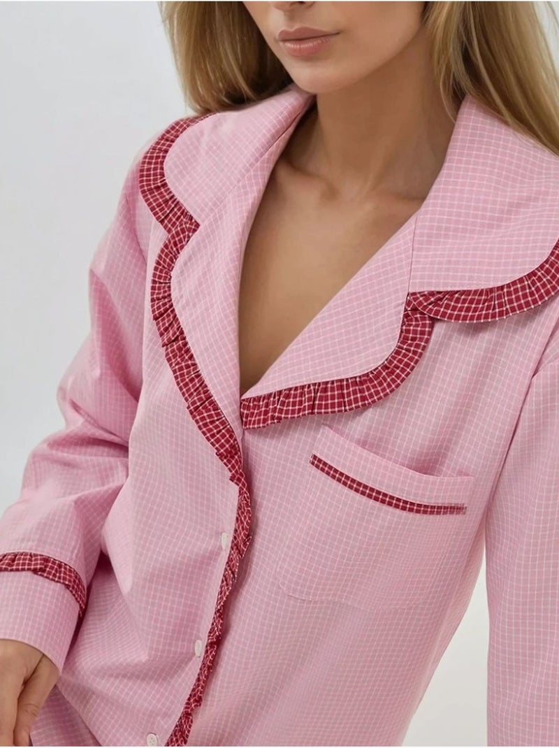 Conjunto de pijama em algodão aos quadrados com colarinho de camisa hiccup Rosa - Kiabi