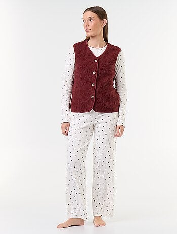 Conjunto de pijama em malha pointelle + colete com efeito de pele de carneiro - 3 peças