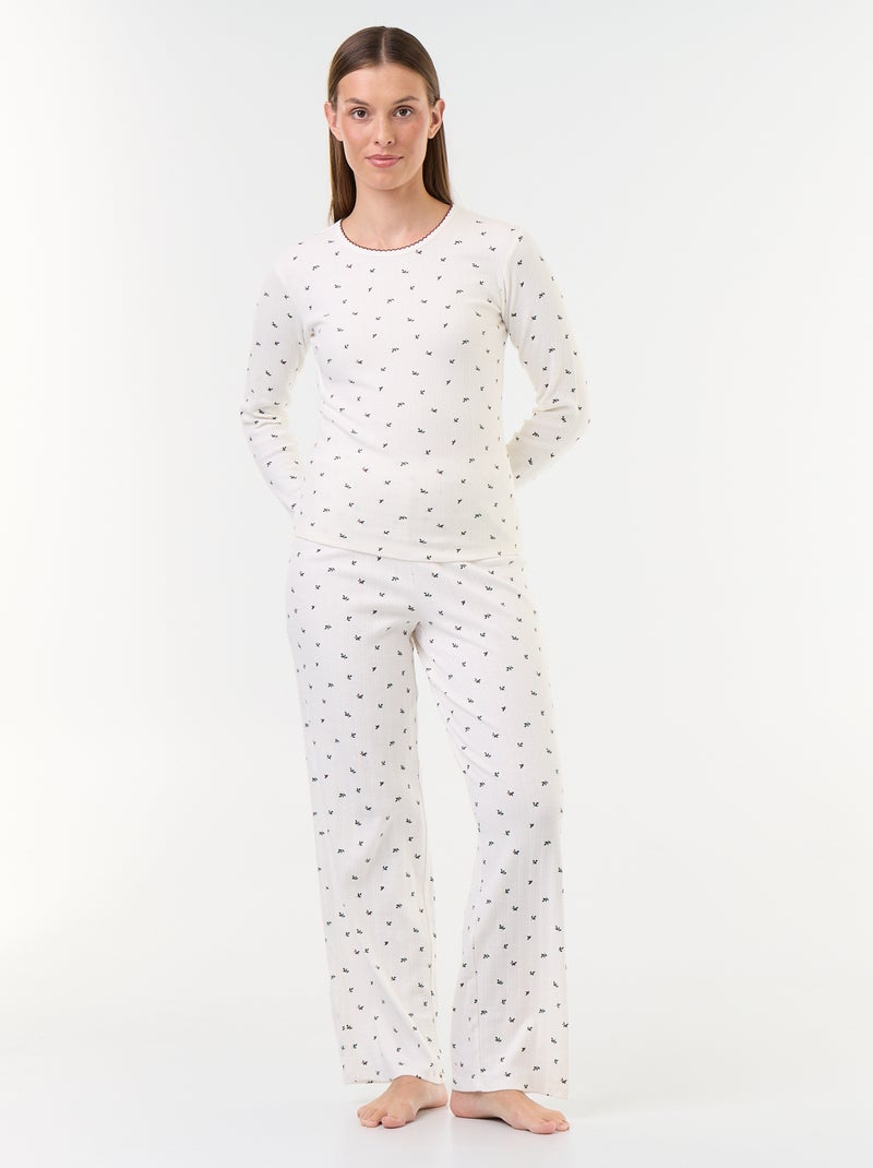 Conjunto de pijama em malha pointelle + colete com efeito de pele de carneiro - 3 peças Branco - Kiabi