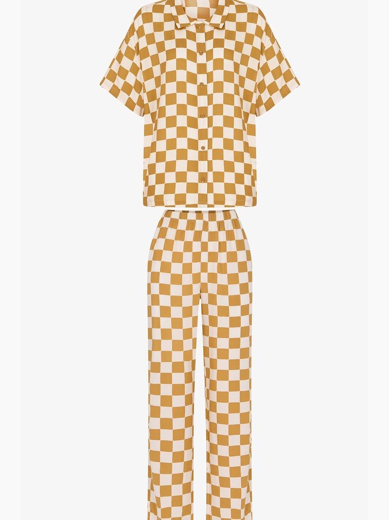 Conjunto de pijama hannah com padrão aos quadrados, camisa de manga curta e calça penti Âmbar - Kiabi