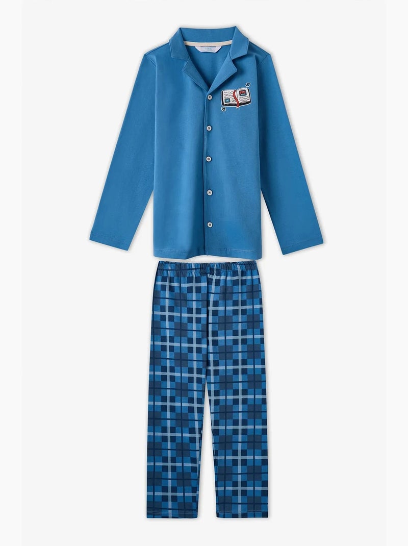 Conjunto de pijama infantil book lovers xadrez em algodão, com botões e manga comprida penti Azul - Kiabi