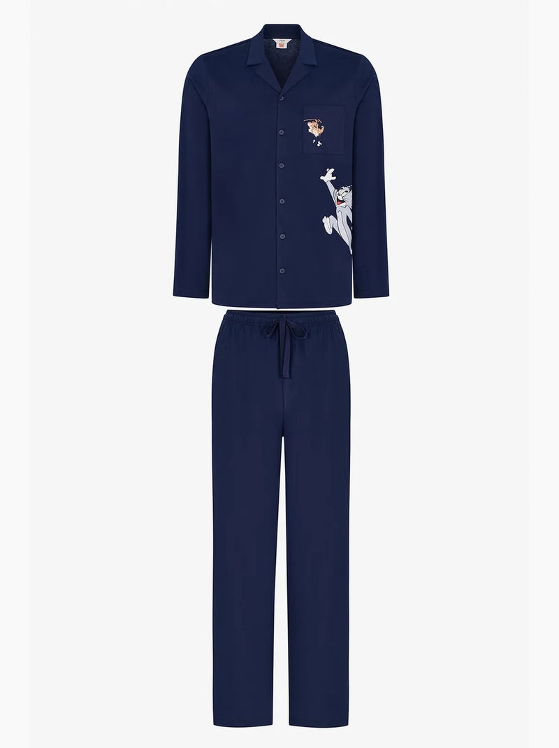 Conjunto de pijama masculino tom&jerry com camisa de manga longa e calça penti Azul-marinho - Kiabi