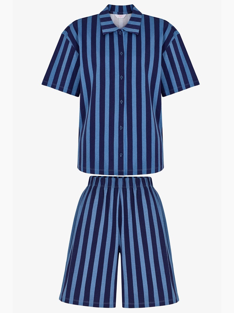 Conjunto de pijama midnight às riscas com camisa de manga curta e calções penti Azul-marinho - Kiabi