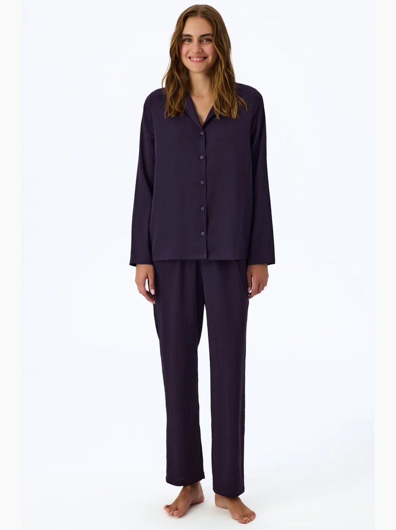 Conjunto de pijama midnight em cetim às riscas, camisa e calça de manga comprida penti Roxo - Kiabi