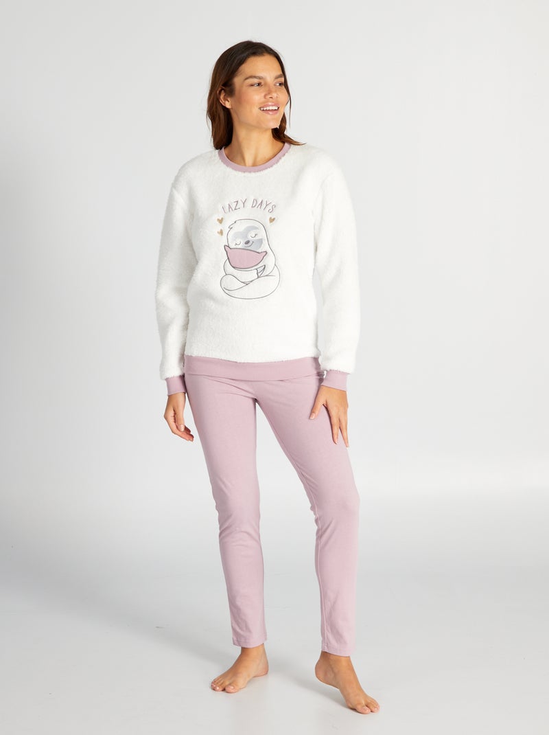 Conjunto de pijama sweatshirt + calças 2 peças Branco/ Rosa - Kiabi