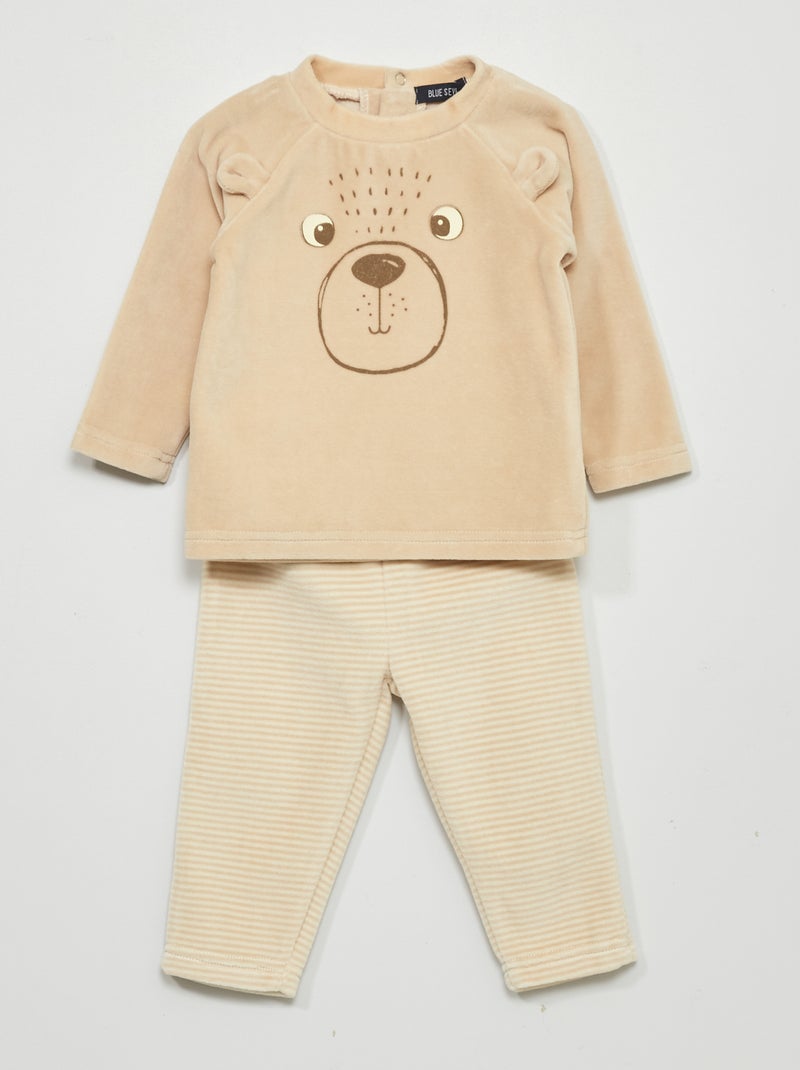 Conjunto de pijama t-shirt + calças de malha peluche - 2 peças BEGE - Kiabi