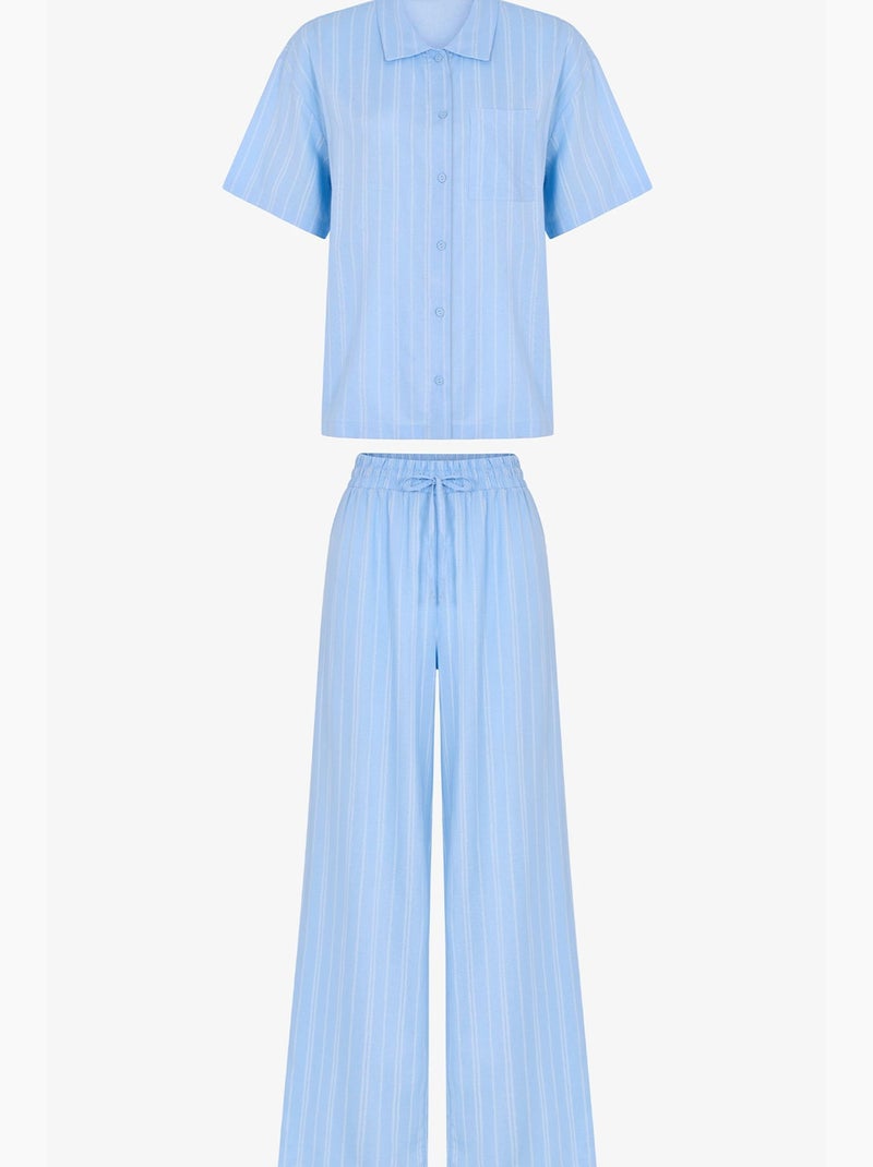 Conjunto de pijama vacation às riscas com camisa de manga curta e calça penti Azul-céu - Kiabi