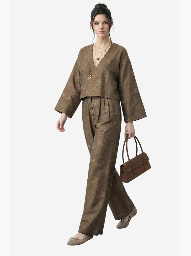 Conjunto de quimono oversized com decote em v floral e calças de perna larga lucci Cáqui - Kiabi