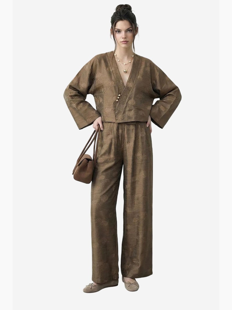 Conjunto de quimono oversized com decote em v floral e calças de perna larga lucci Cáqui - Kiabi