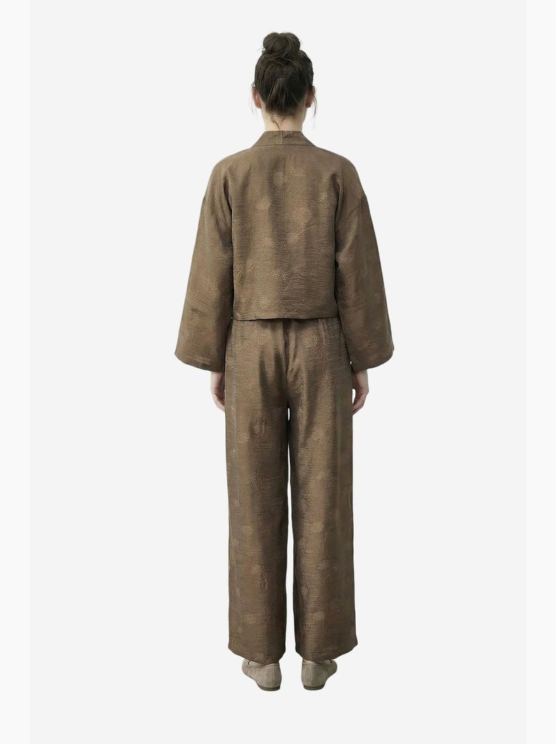 Conjunto de quimono oversized com decote em v floral e calças de perna larga lucci Cáqui - Kiabi