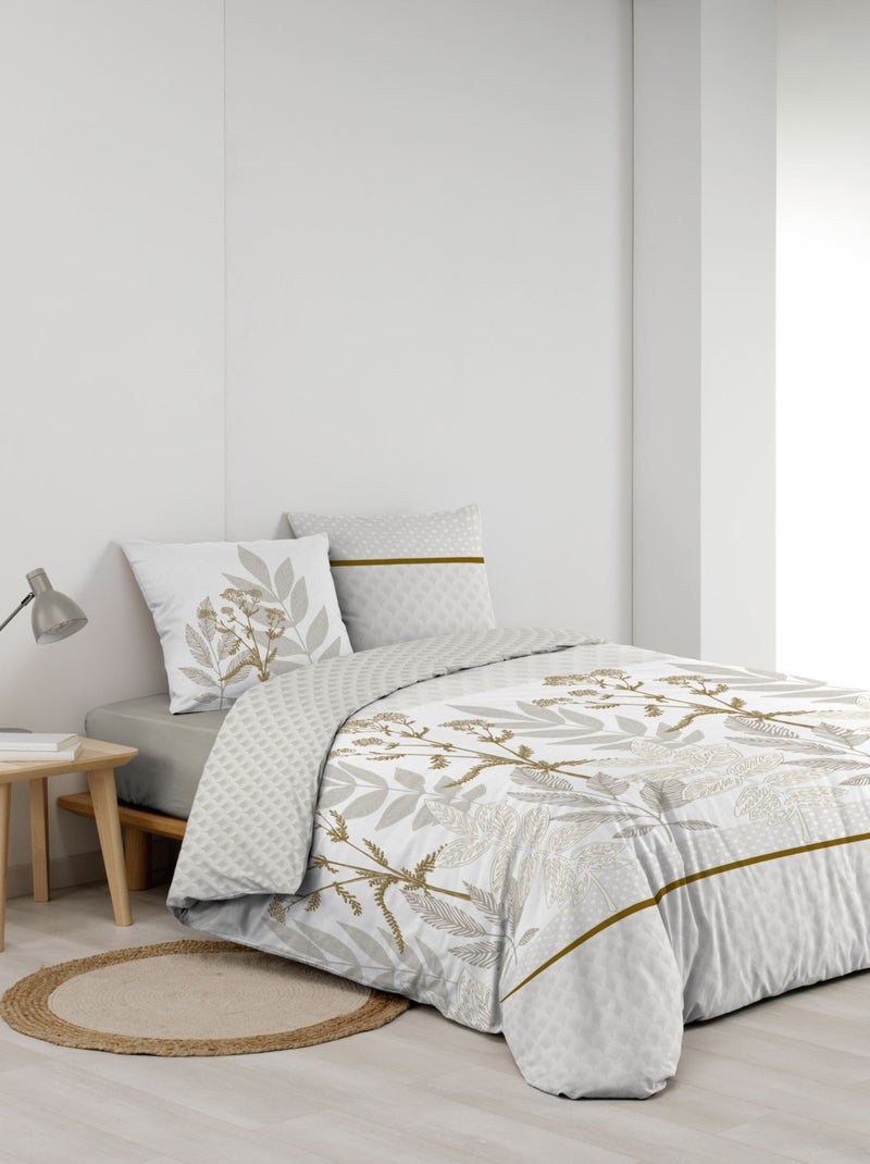 Conjunto de roupa de cama com padrão de folhagem em algodão estampado frente e verso Bege-cinza - Kiabi