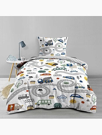 Conjunto de roupa de cama para criança em algodão reversível com motivo de veículos e estradas