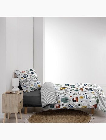 Conjunto de roupa de cama para criança em algodão reversível com motivo de veículos e estradas