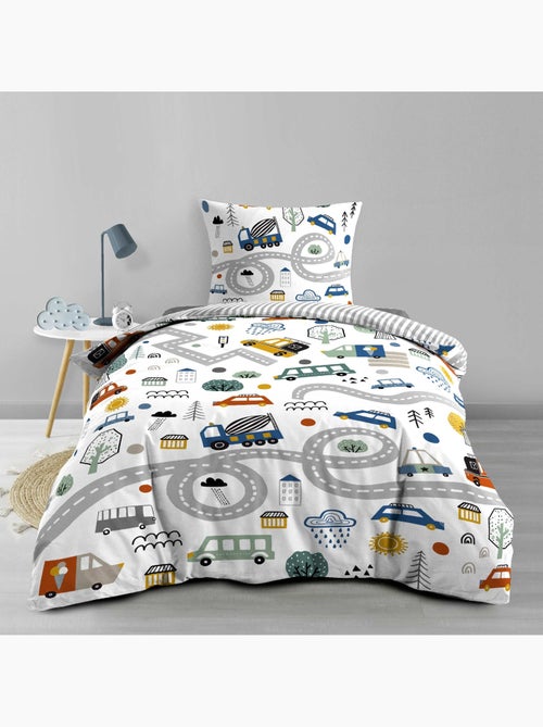 Conjunto de roupa de cama para criança em algodão reversível com motivo de veículos e estradas - Kiabi