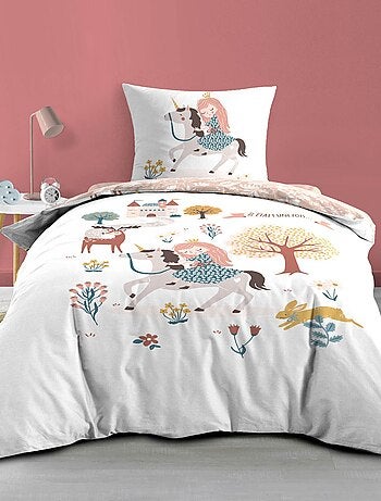 Conjunto de roupa de cama para criança em algodão reversível com motivos de princesa e unicórnio