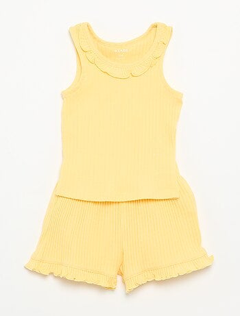 Conjunto de short e top sem mangas em malha pointelle