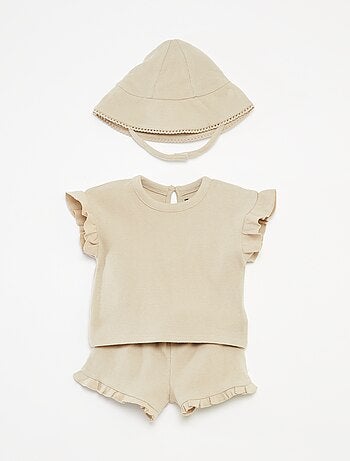 Conjunto de t-shirt + calções + chapéu em malha gofrada - 3 peças