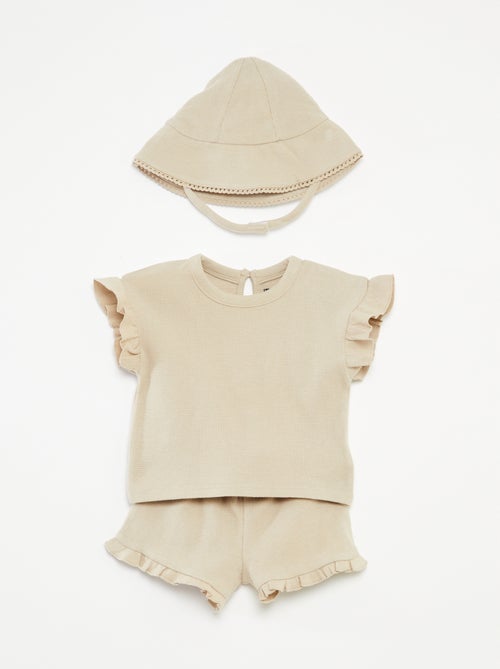 Conjunto de t-shirt + calções + chapéu em malha gofrada - 3 peças - Kiabi