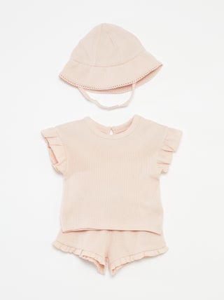 Conjunto de t-shirt + calções + chapéu em malha gofrada - 3 peças