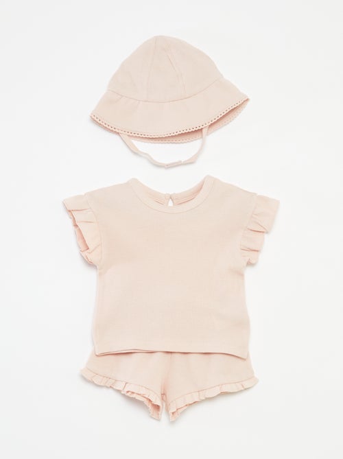 Conjunto de t-shirt + calções + chapéu em malha gofrada - 3 peças - Kiabi