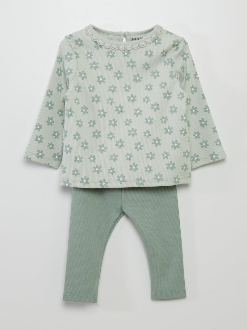 Conjunto de t-shirt + leggings nervuradas - 2 peças AZUL - Kiabi