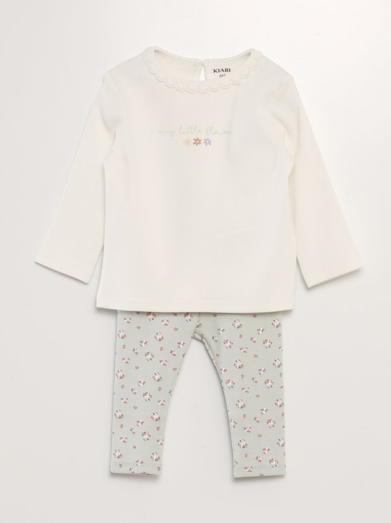 Conjunto de t-shirt + leggings nervuradas - 2 peças BRANCO - Kiabi