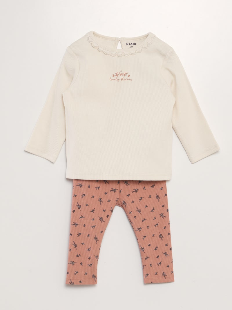 Conjunto de t-shirt + leggings nervuradas - 2 peças ROSA - Kiabi