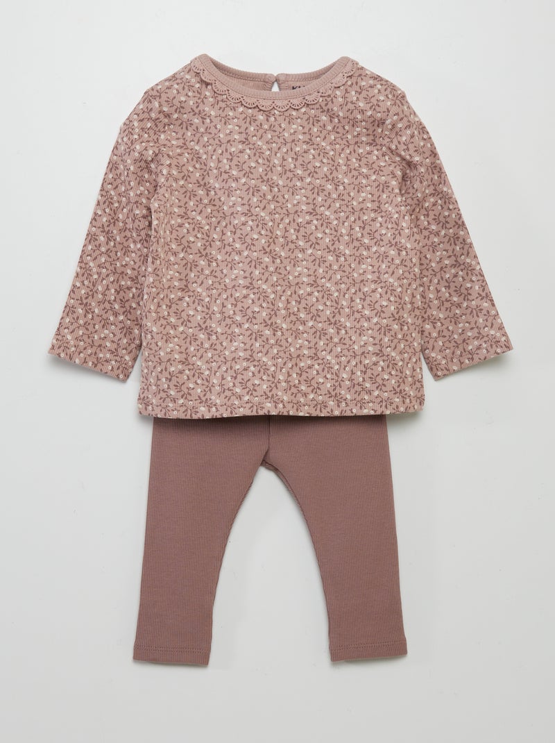 Conjunto de t-shirt + leggings nervuradas - 2 peças ROSA - Kiabi