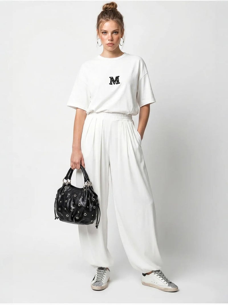 Conjunto de t-shirt oversized de gola redonda e calça de perna larga lucci Branco - Kiabi