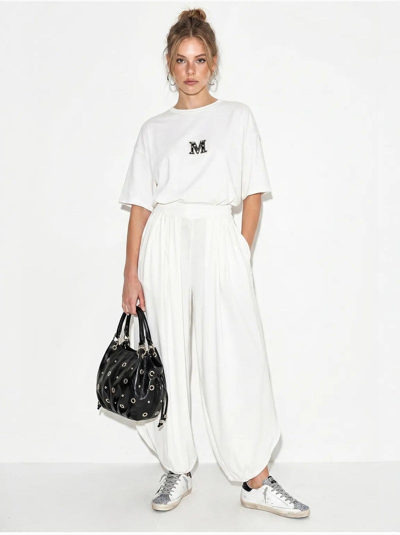 Conjunto de t-shirt oversized de gola redonda e calça de perna larga lucci Branco - Kiabi