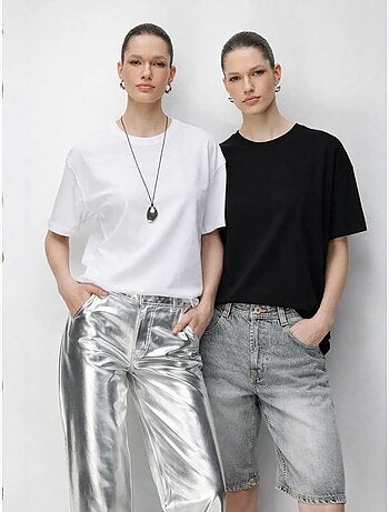 Conjunto de t-shirts de duas peças oversized caneladas com gola redonda mixray
