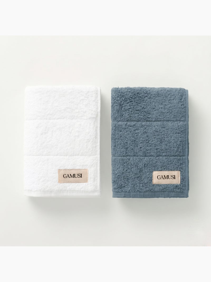 Conjunto de toalhas de duche e lavabo 100% algodão, 600 g/m², com presilha - Gamusi Branco Azul - Kiabi