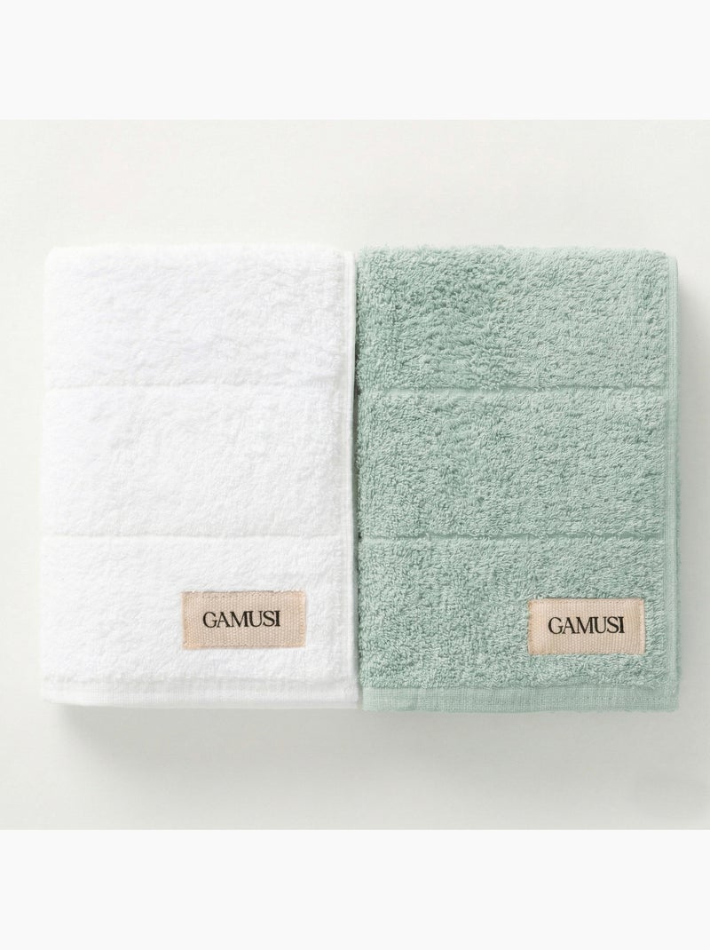 Conjunto de toalhas de duche e lavabo 100% algodão, 600 g/m², com presilha - Gamusi Branco/Verde água - Kiabi