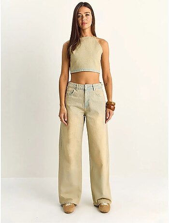 Conjunto de top halter em ganga de cintura subida e calças de perna larga lucci