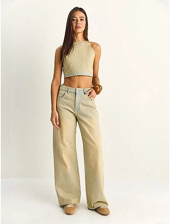 Conjunto de top halter em ganga de cintura subida e calças de perna larga lucci