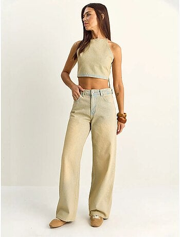 Conjunto de top halter em ganga de cintura subida e calças de perna larga lucci