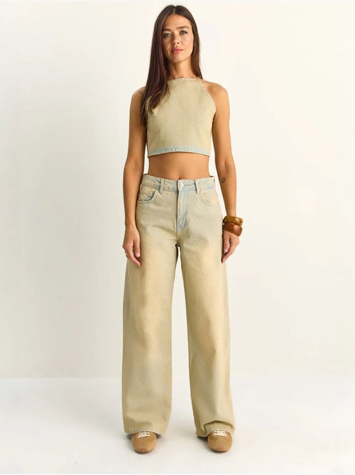 Conjunto de top halter em ganga de cintura subida e calças de perna larga lucci - Kiabi