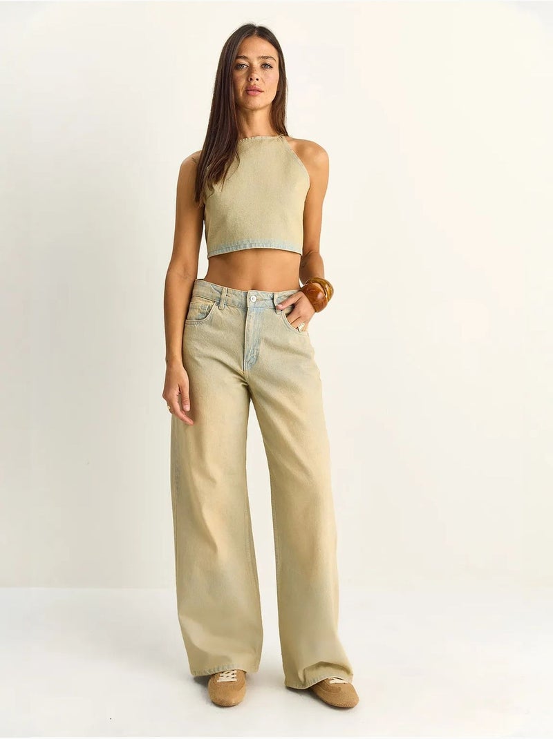 Conjunto de top halter em ganga de cintura subida e calças de perna larga lucci Bege-argila - Kiabi